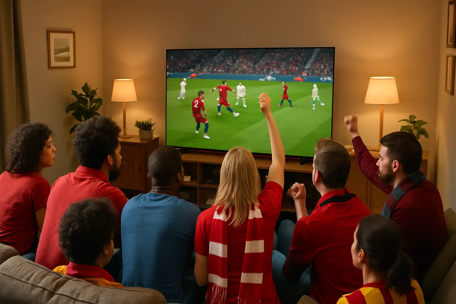 A crowd of football fans watching a World Cup match on a large screen