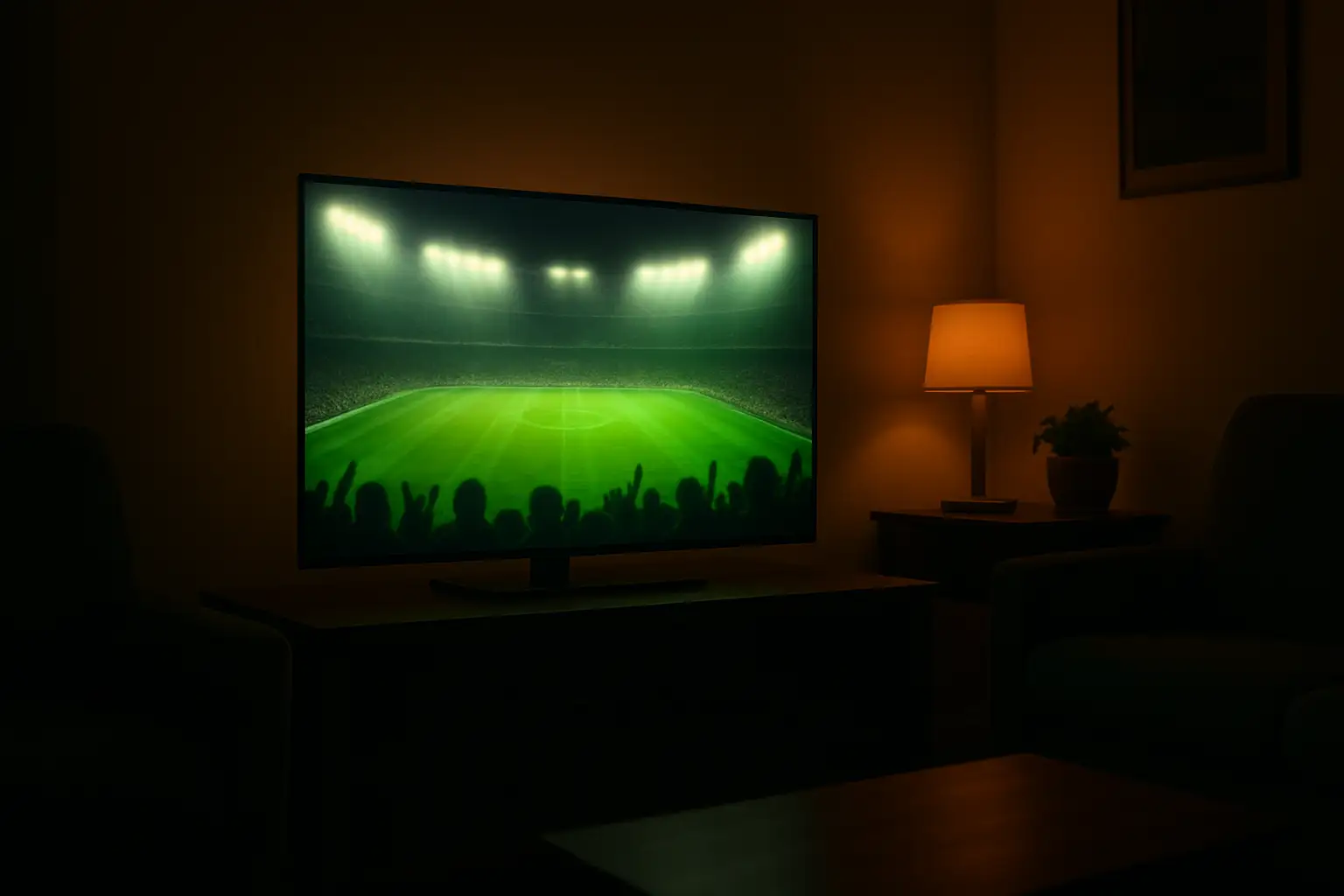 A television screen showing a live football match broadcast with stadium lights in the background