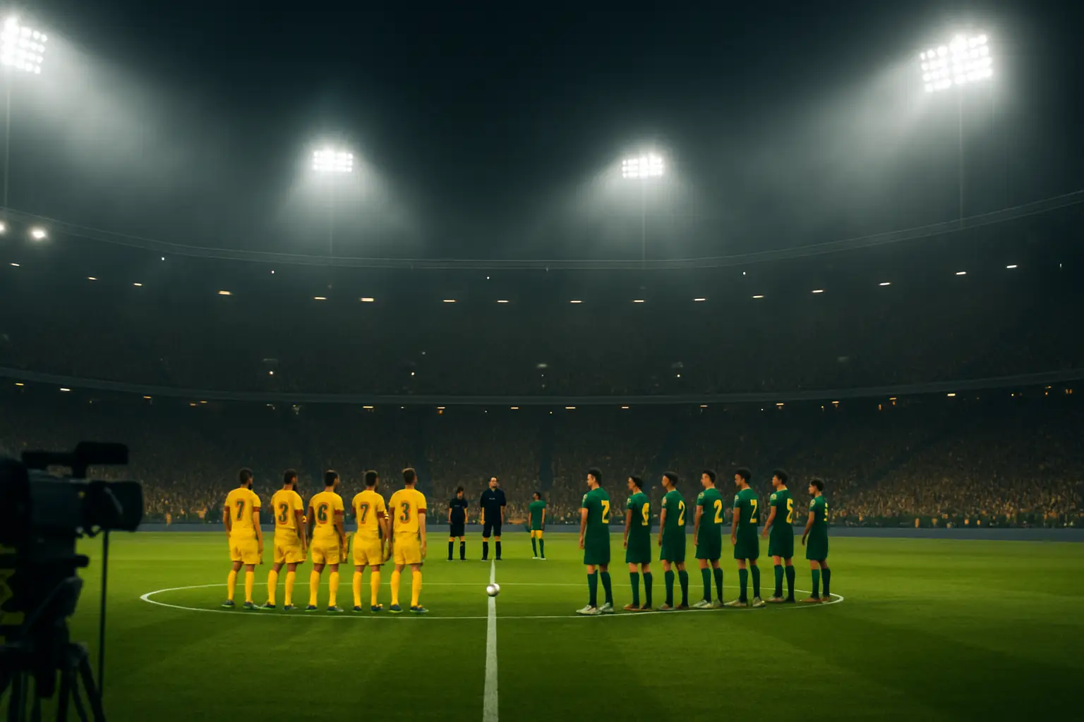 Socceroos players in yellow jerseys preparing for kick-off against a South American opponent on a floodlit stadium pitch