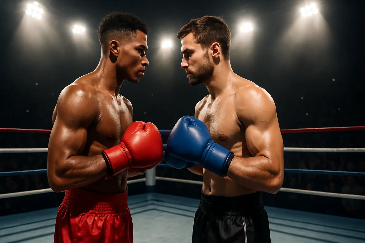 Two boxers facing off under bright arena lights before a major championship bout