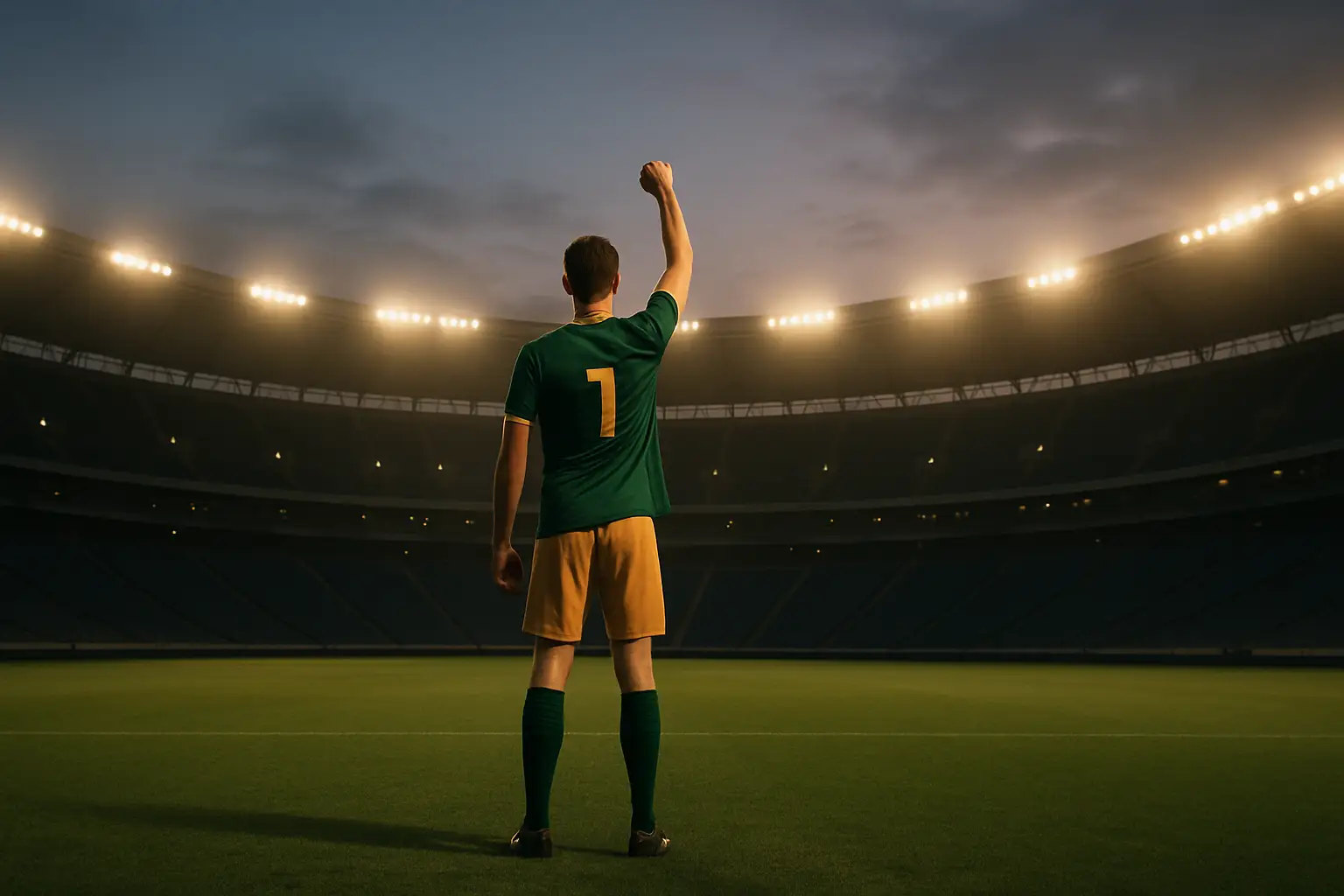 Australian footballer raising fist in celebration on an international pitch