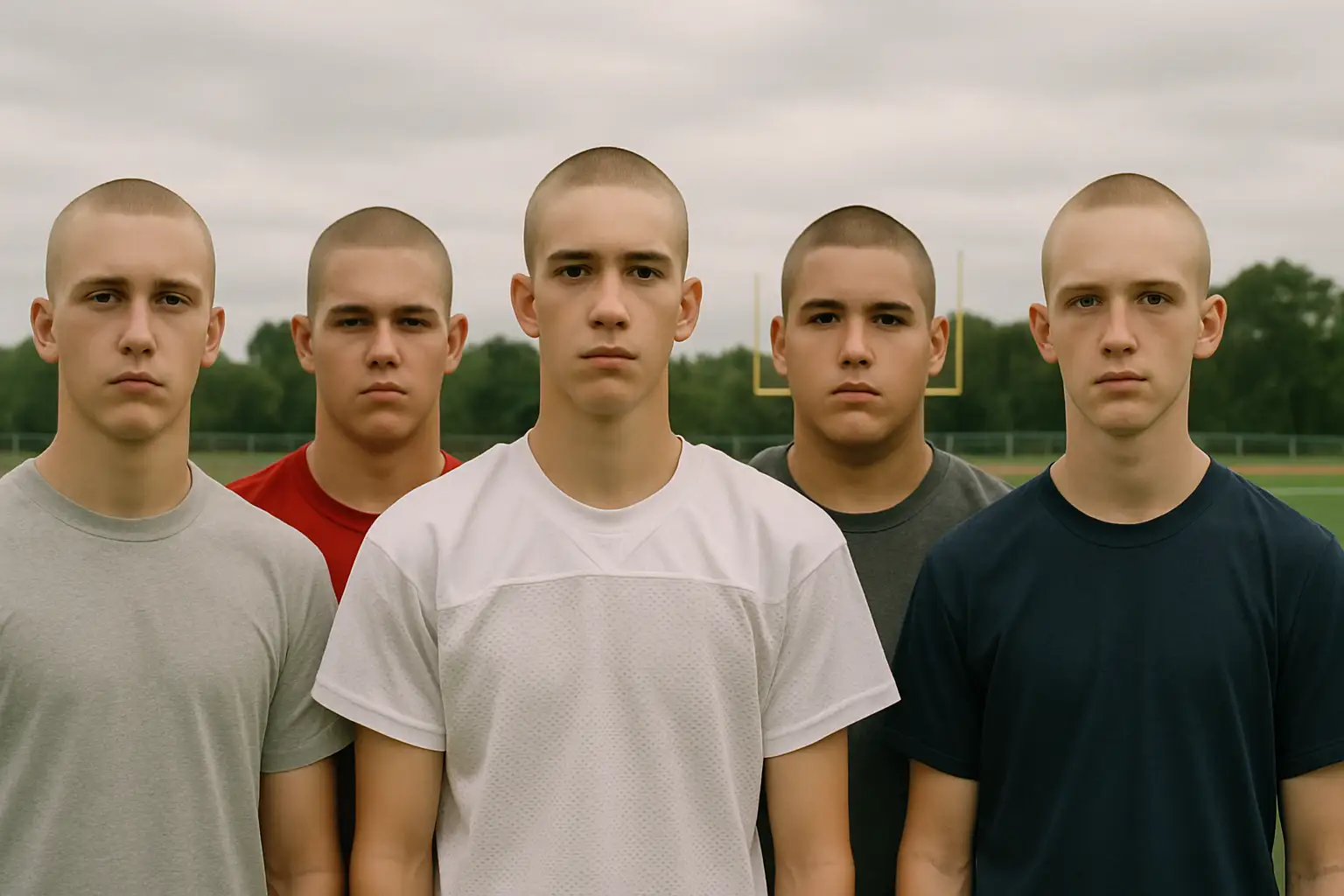 High school football players standing together with shaved heads on a practice field