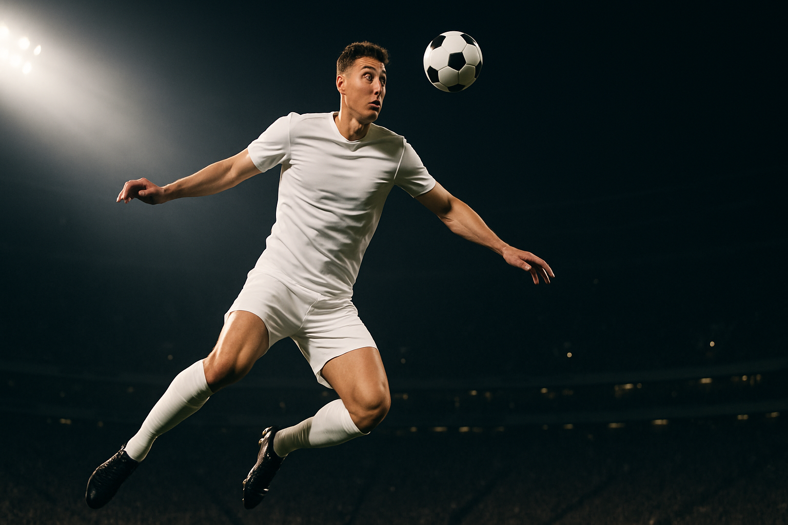 A football defender in action during a high-intensity Champions League match under floodlights