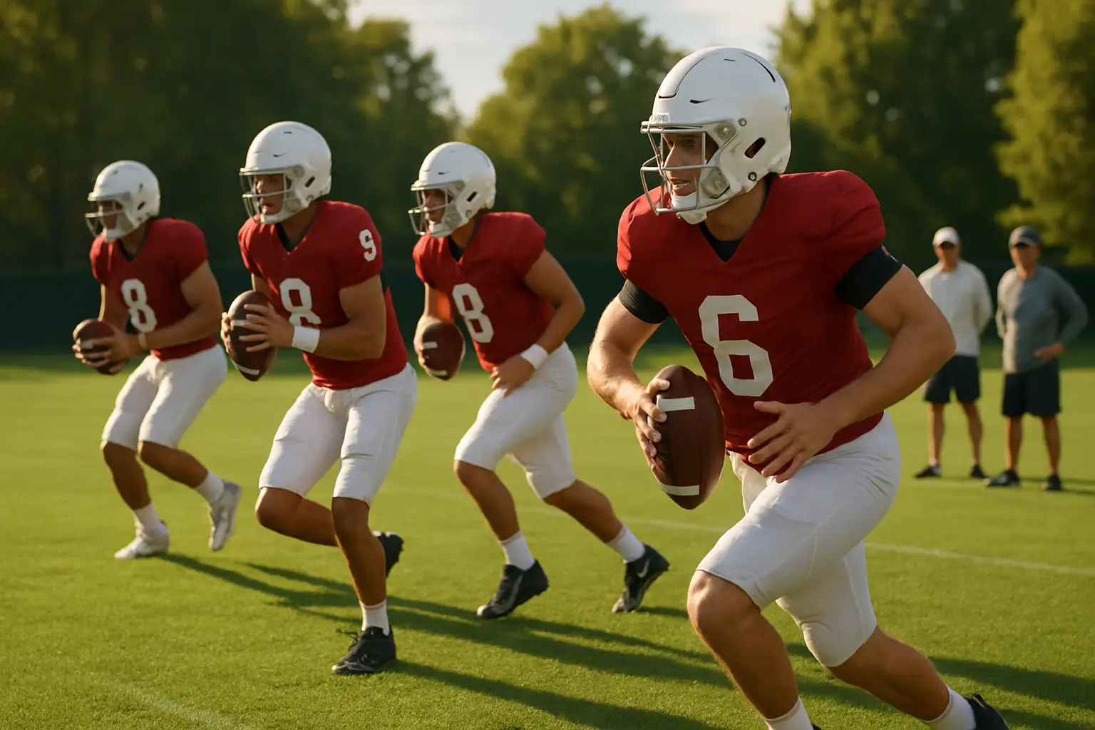 Indiana football players running drills on a college practice field during fall camp