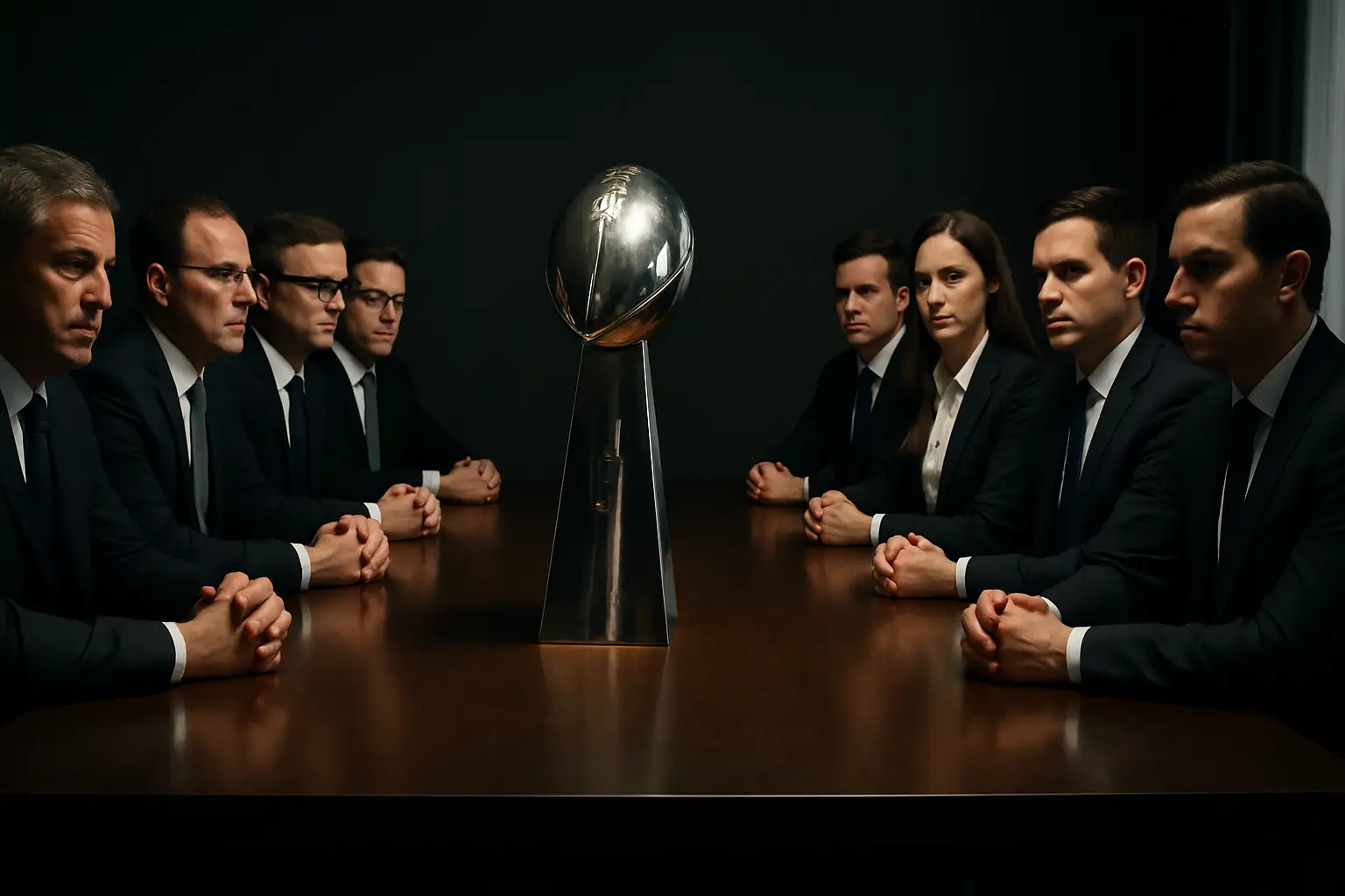 Football officials in formal attire facing each other across a conference table with a globe in the background