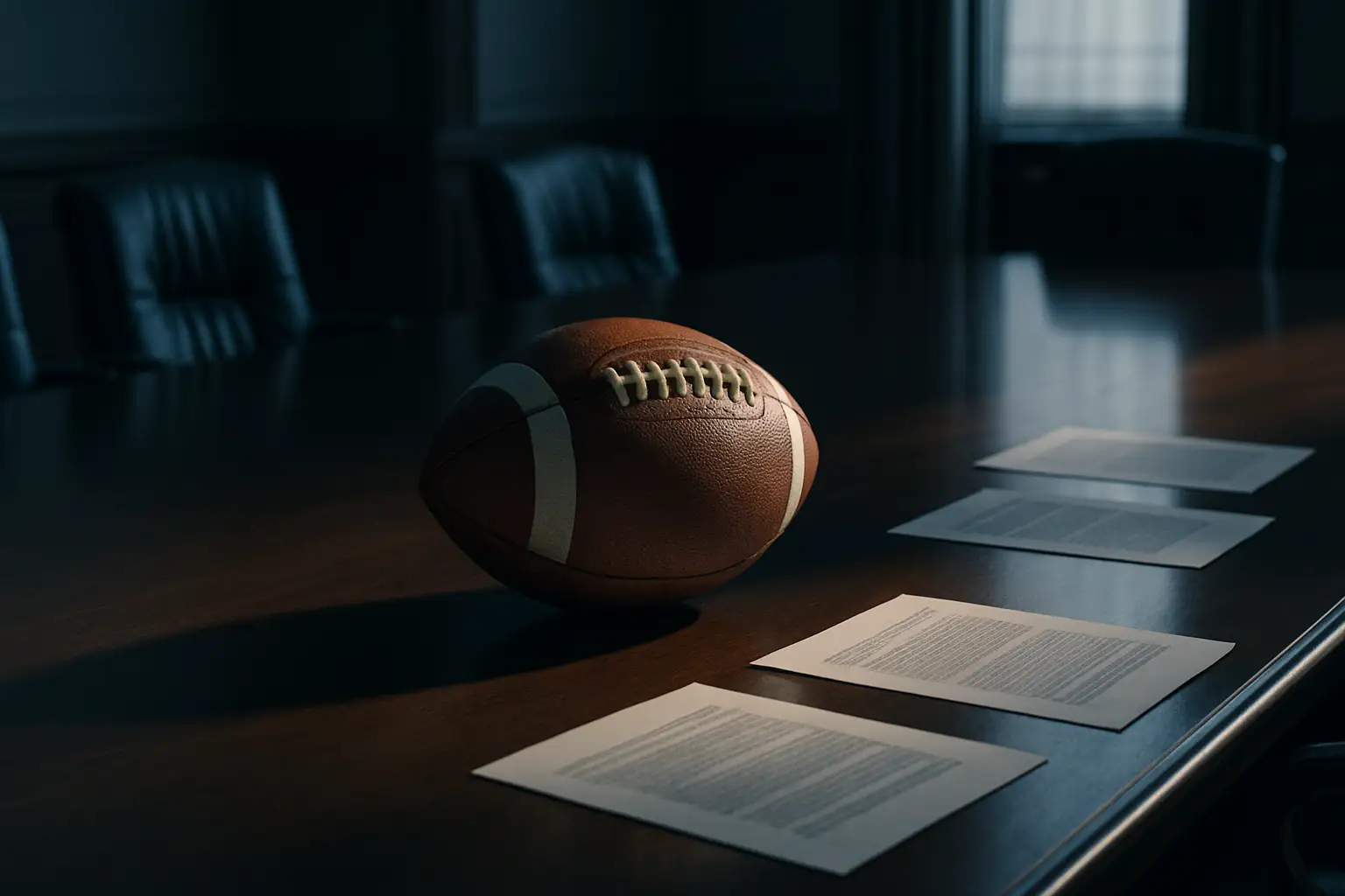 A football on a conference table surrounded by empty chairs in a tense boardroom setting
