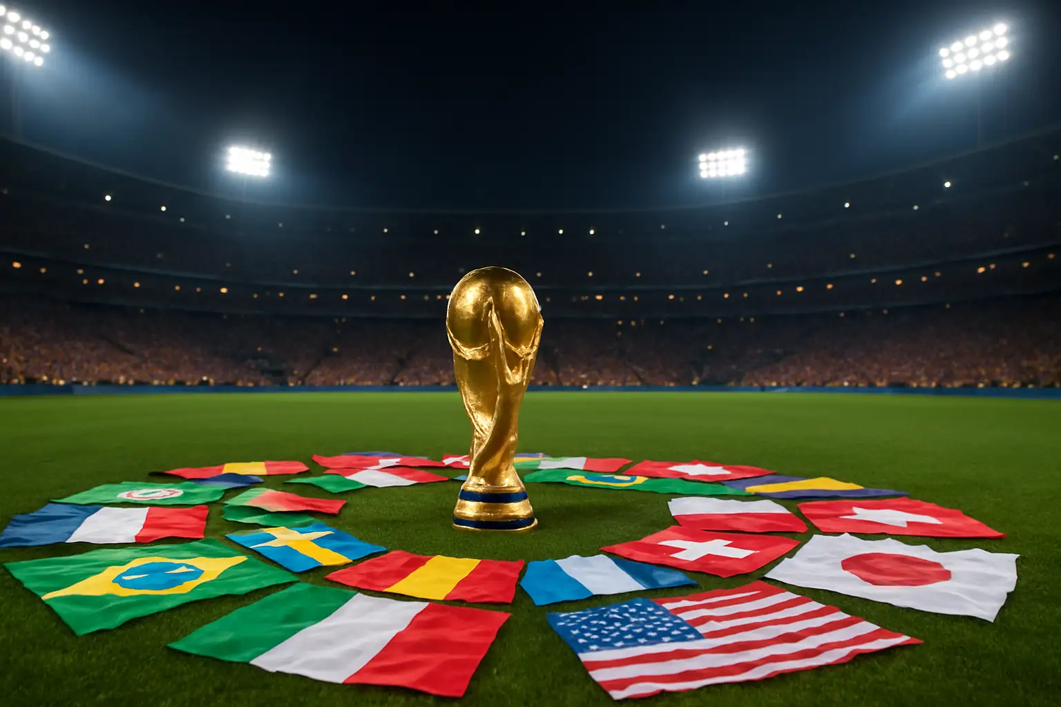 A football stadium filled with fans under bright floodlights, with a large trophy displayed on the pitch
