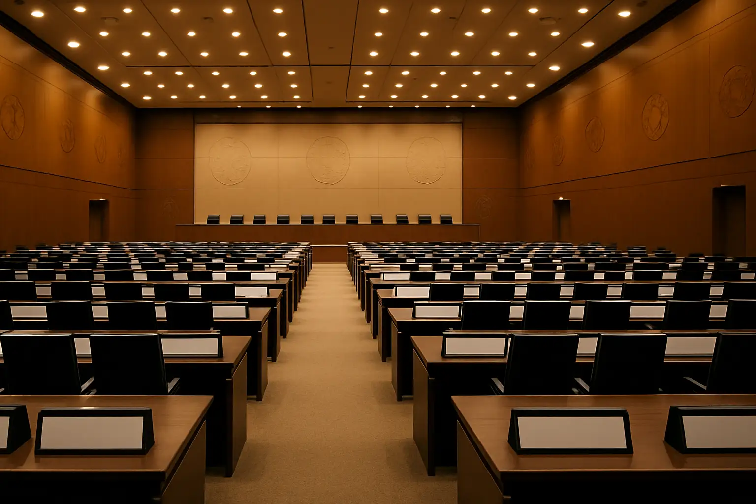 A row of empty voting booths inside a large conference hall with football imagery on the walls