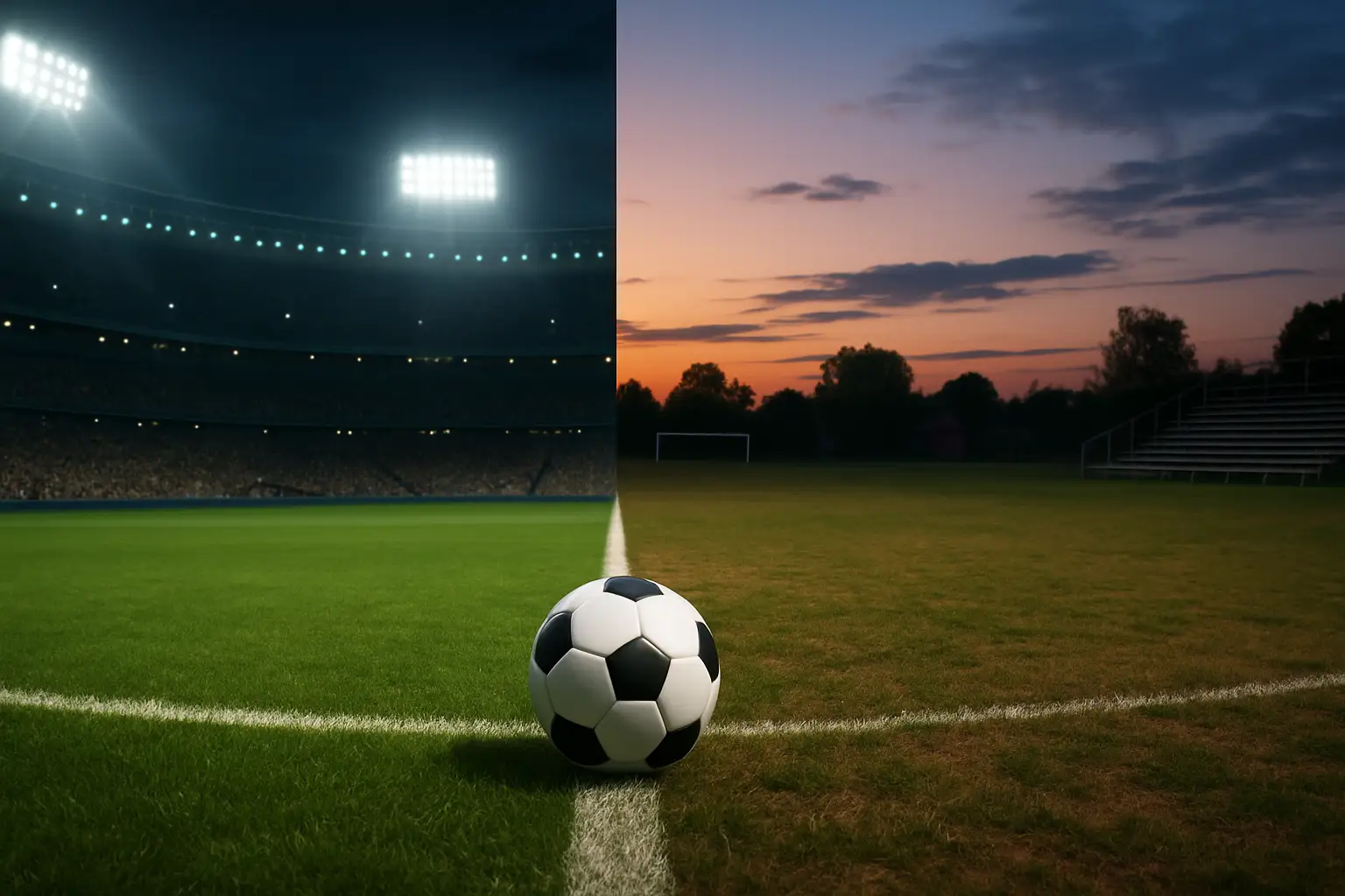 Football globe split between a wealthy stadium and a sparse grassroots pitch symbolizing financial inequality in world football