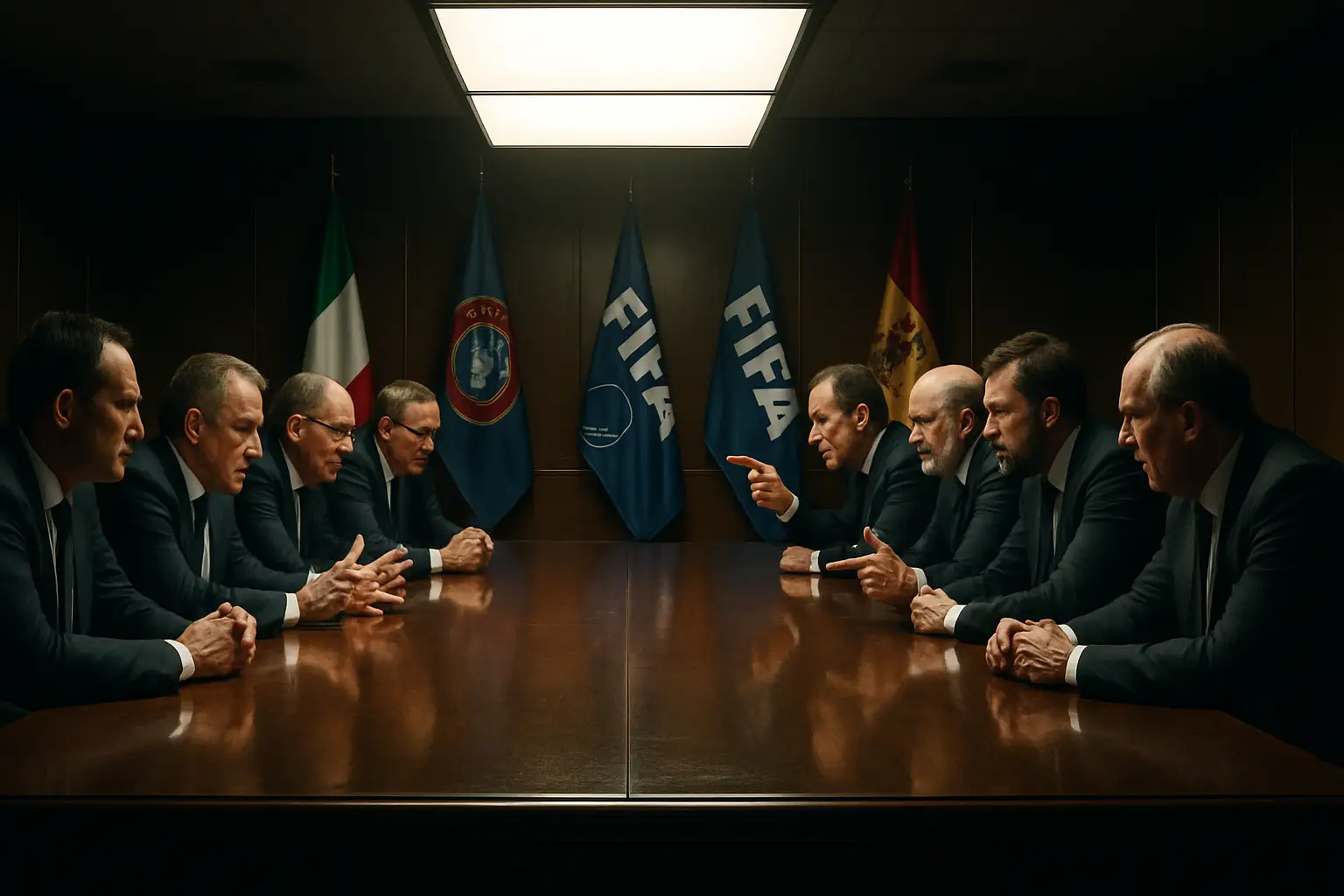 Fifa and Uefa officials at a formal football governance summit, tension visible across a large conference table