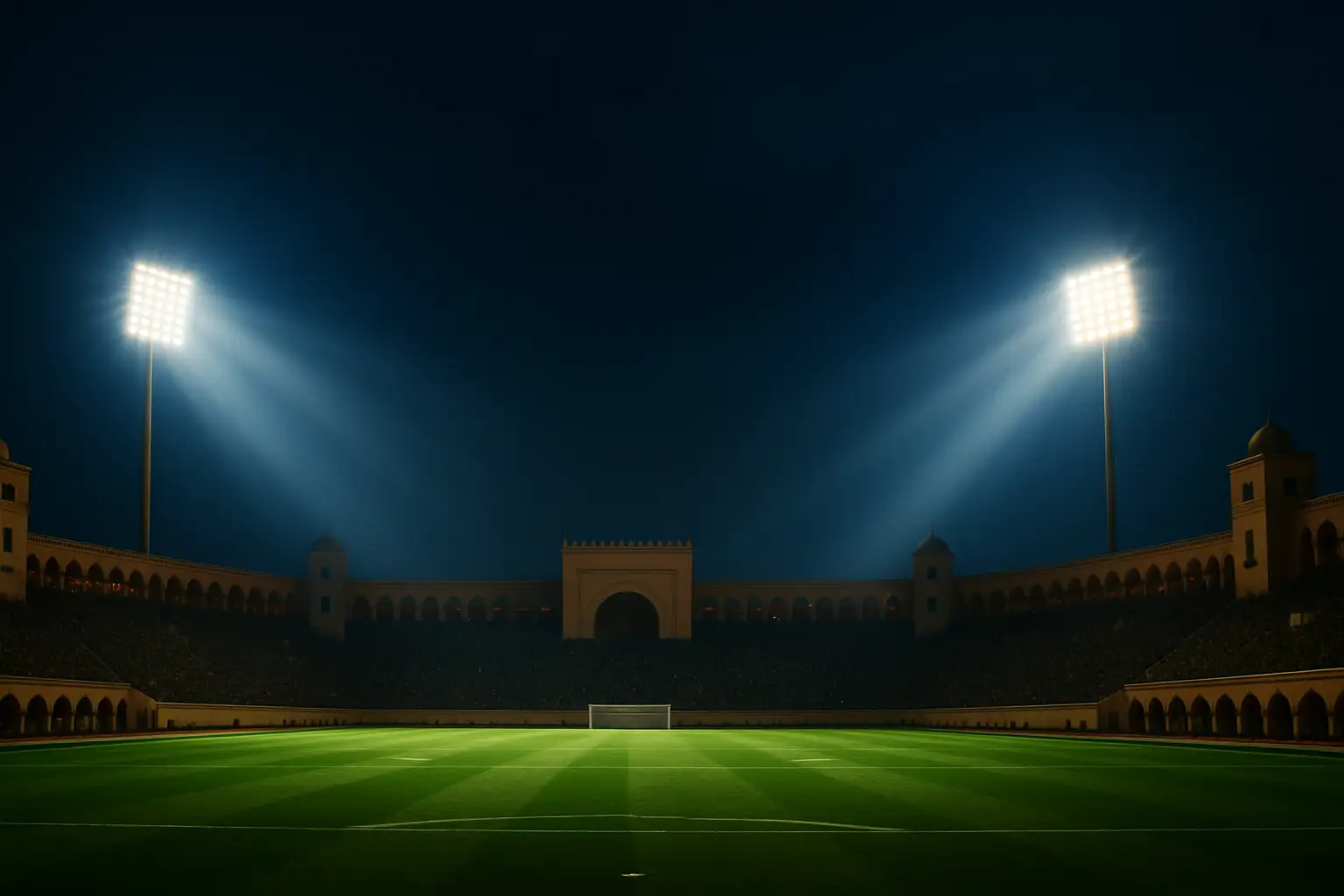 A football stadium in Morocco lit up at night under a dramatic sky