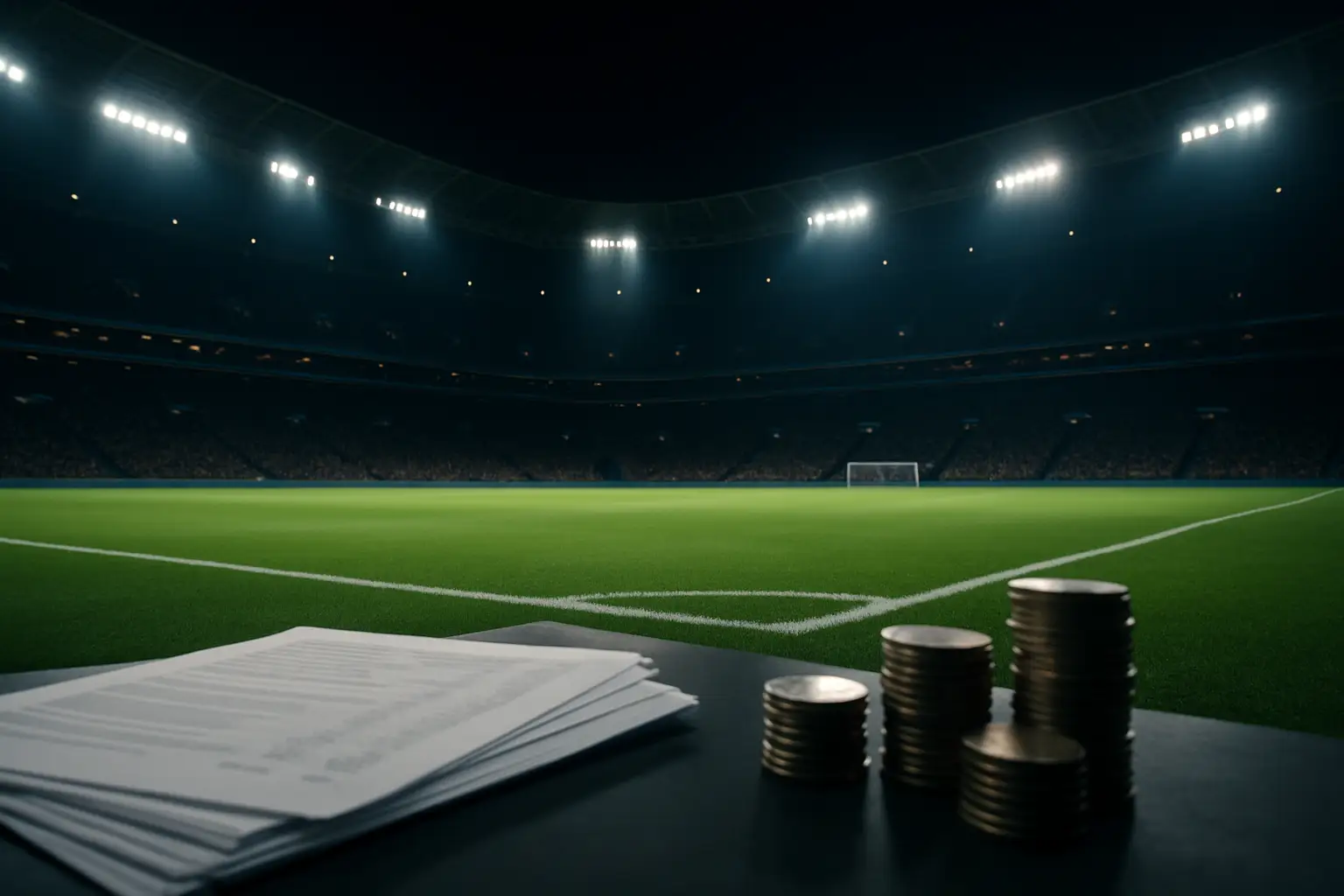 A football stadium filled with fans under bright floodlights representing the scale of World Cup finances