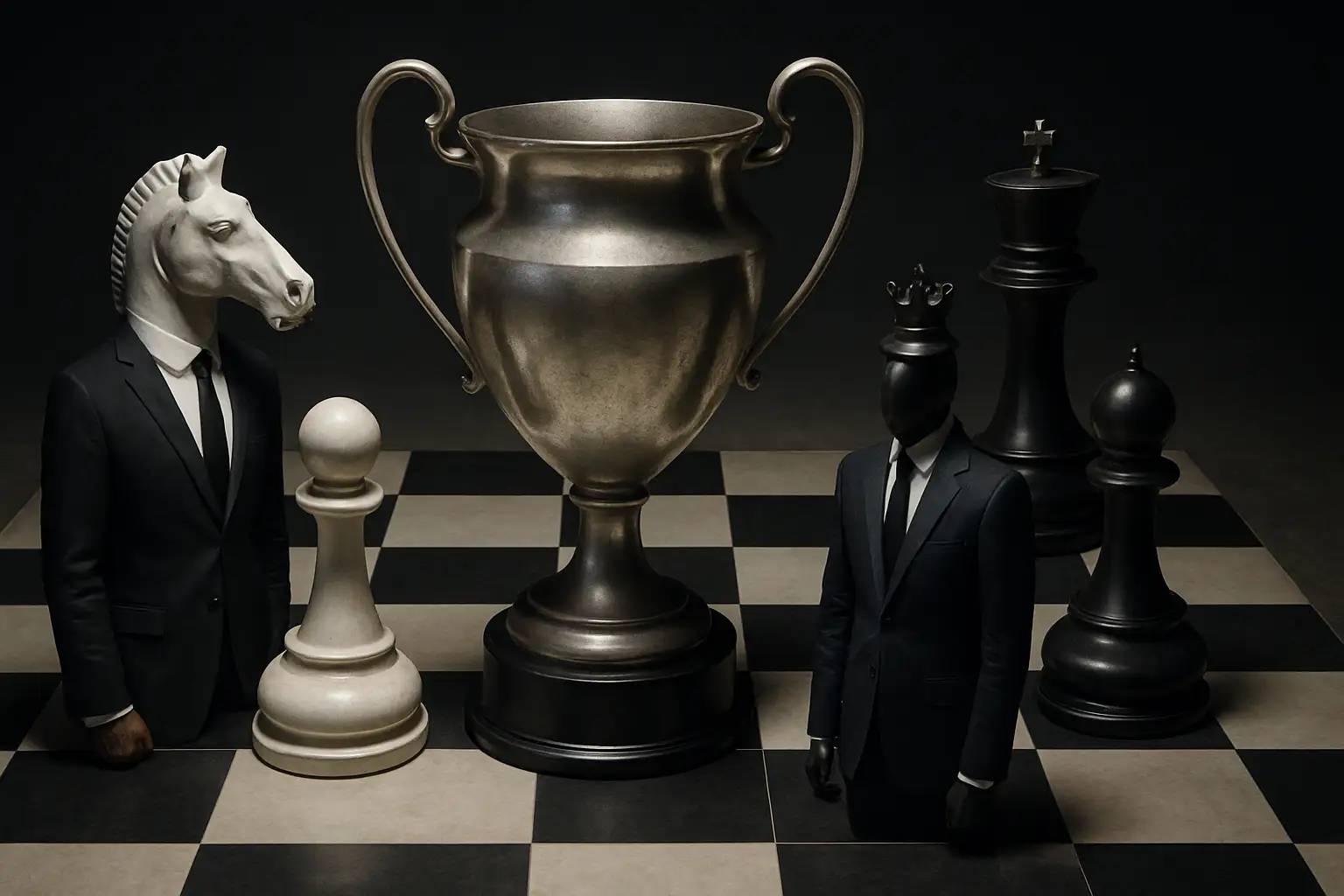 A football globe surrounded by political chess pieces on a dark board