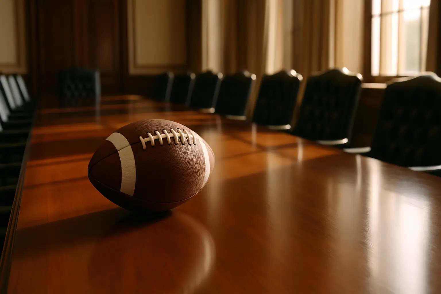 A football on a polished conference table inside a formal governing body meeting room