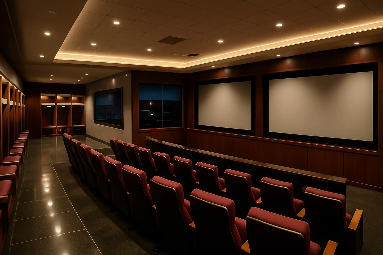 Interior view of a modern college football facility with team meeting rooms and locker areas