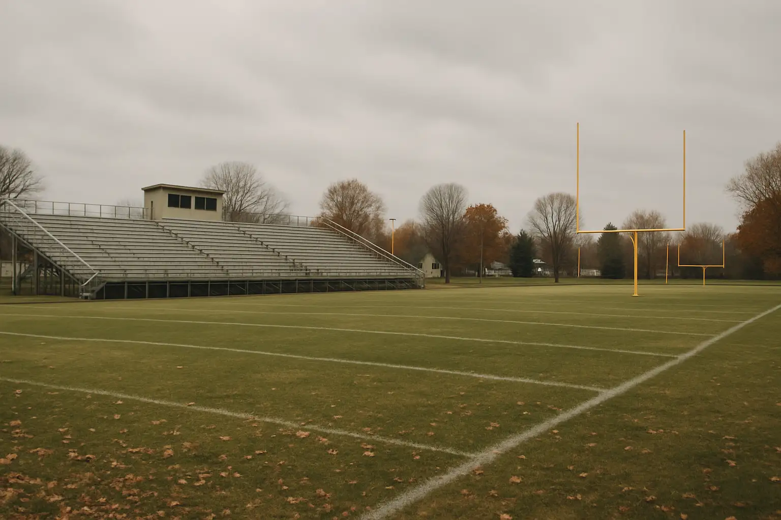 Empty high school football field on a cloudy fall day in rural Wisconsin