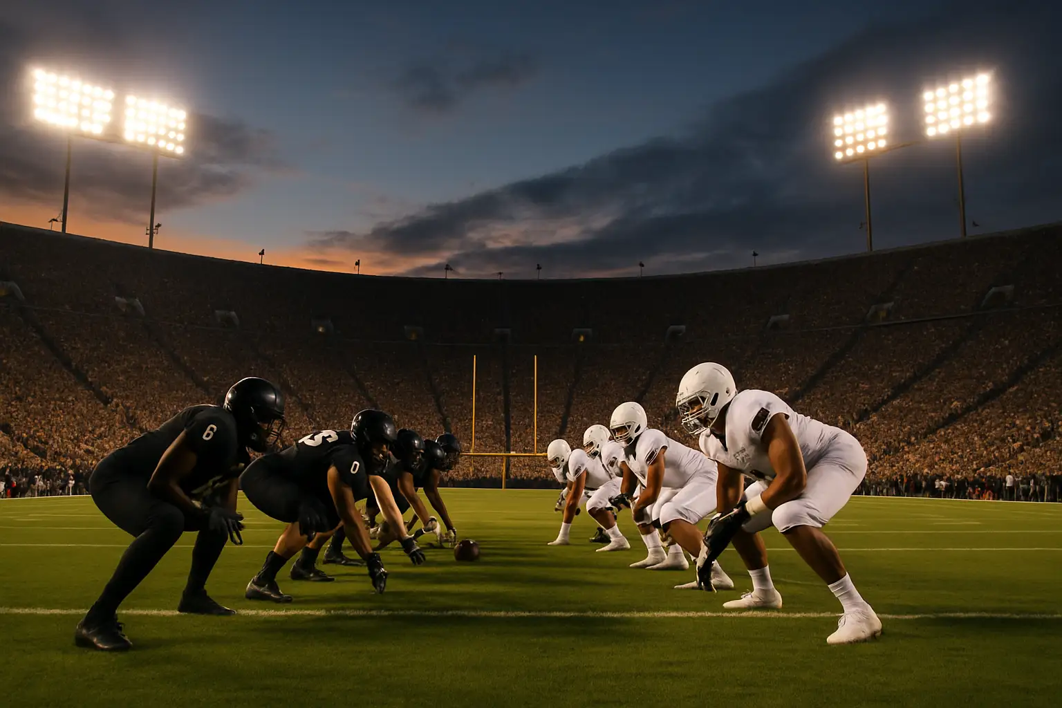 Iowa Hawkeyes football players lined up at the line of scrimmage during a Big Ten game