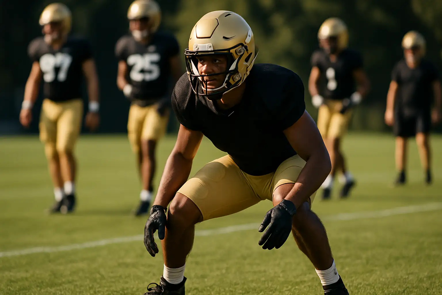 Iowa Hawkeyes defensive back in practice gear on a college football field