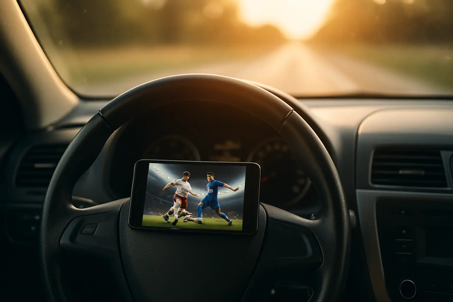 A car interior with a smartphone mounted on the dashboard showing a football game stream while the driver grips the wheel