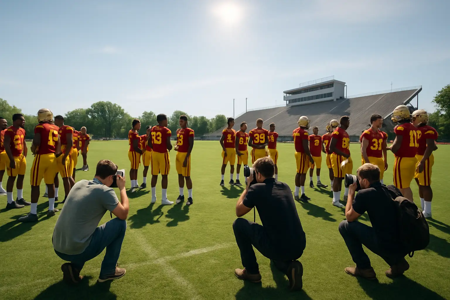Iowa State Cyclones football players at media day in full uniform on the practice field