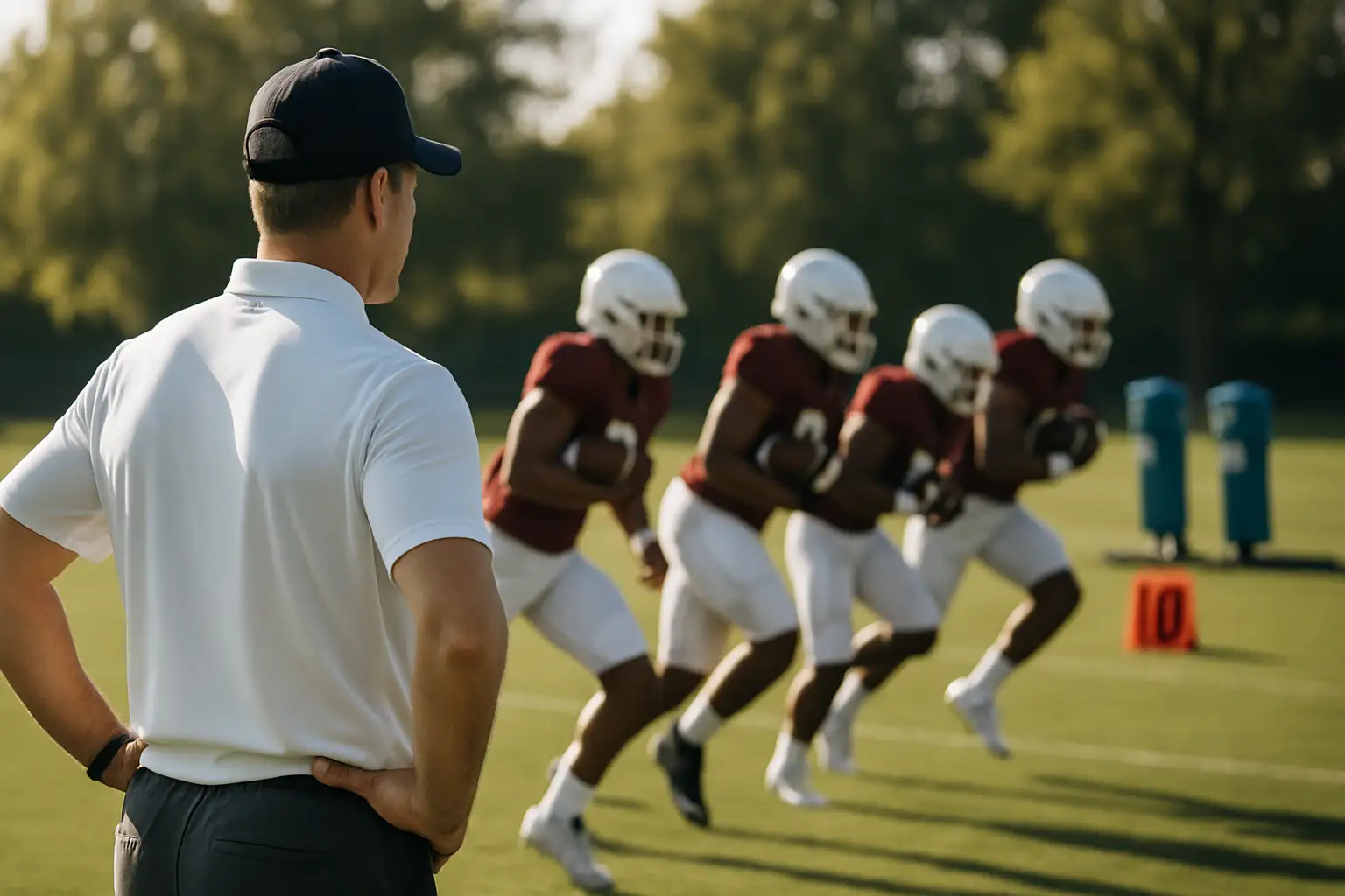 Iowa State football players practicing running plays on the field during a team session