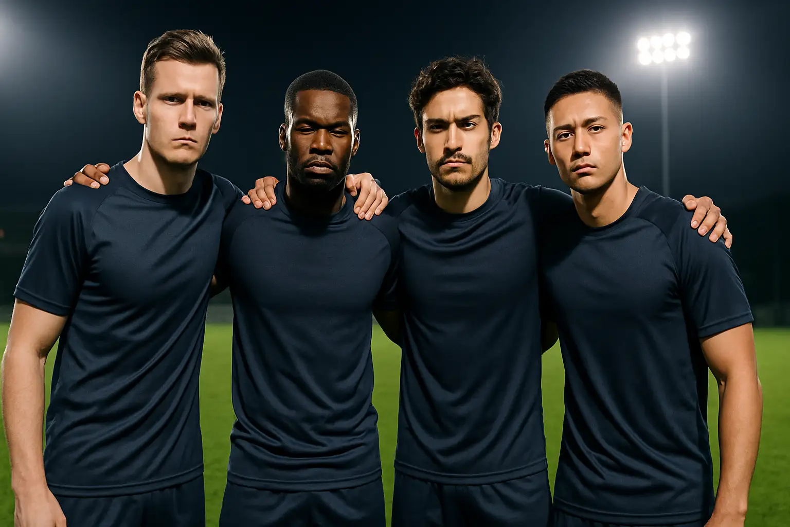 Socceroos players gathered on a football pitch looking focused and united
