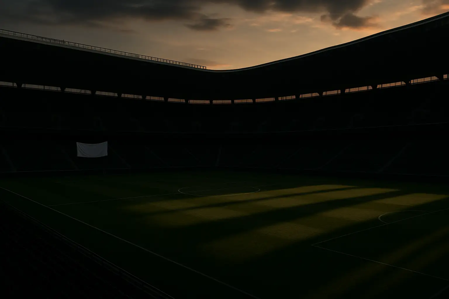 A football stadium with empty green seats and a protest banner draped over a railing