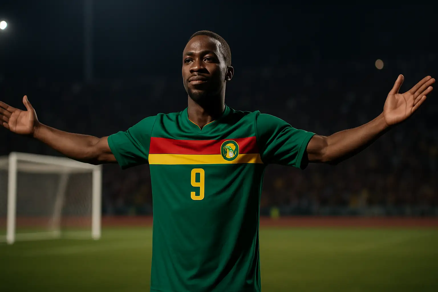A football player in a yellow and green kit celebrates a goal on an international stage
