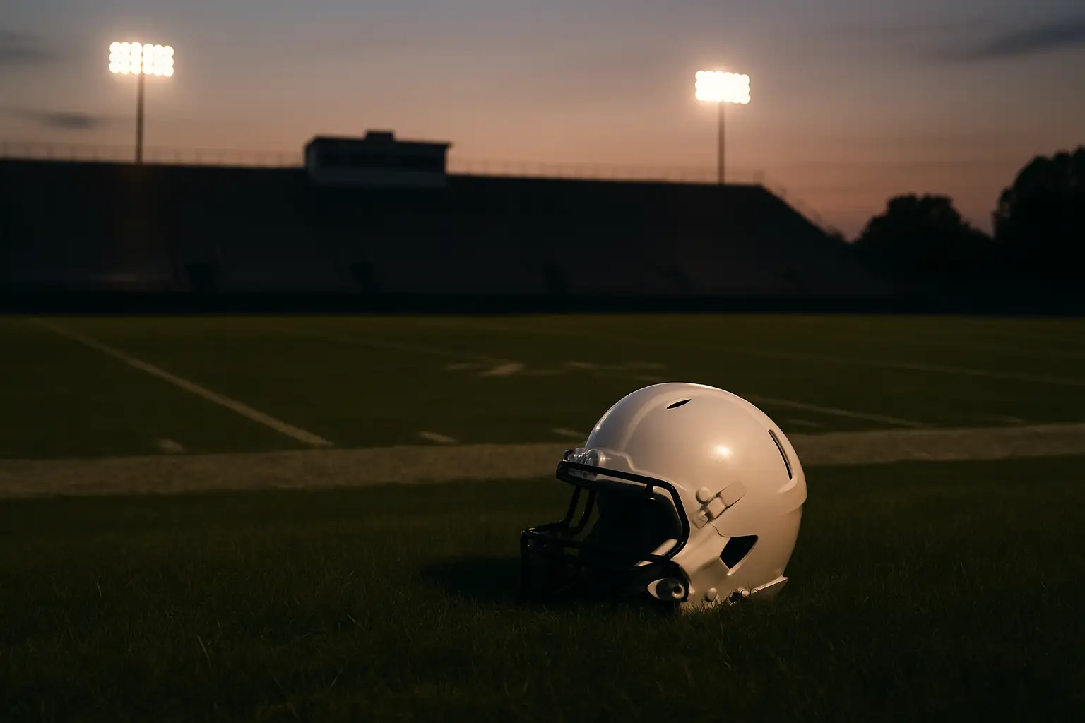 Empty college football field at dusk with a single helmet resting on the turf