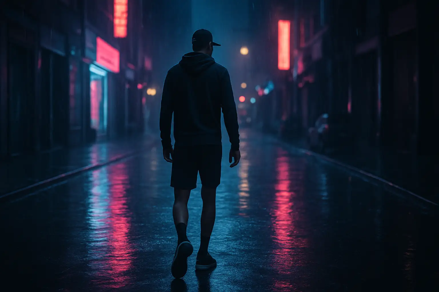 A football striker walking through a city at night with stadium lights in the background