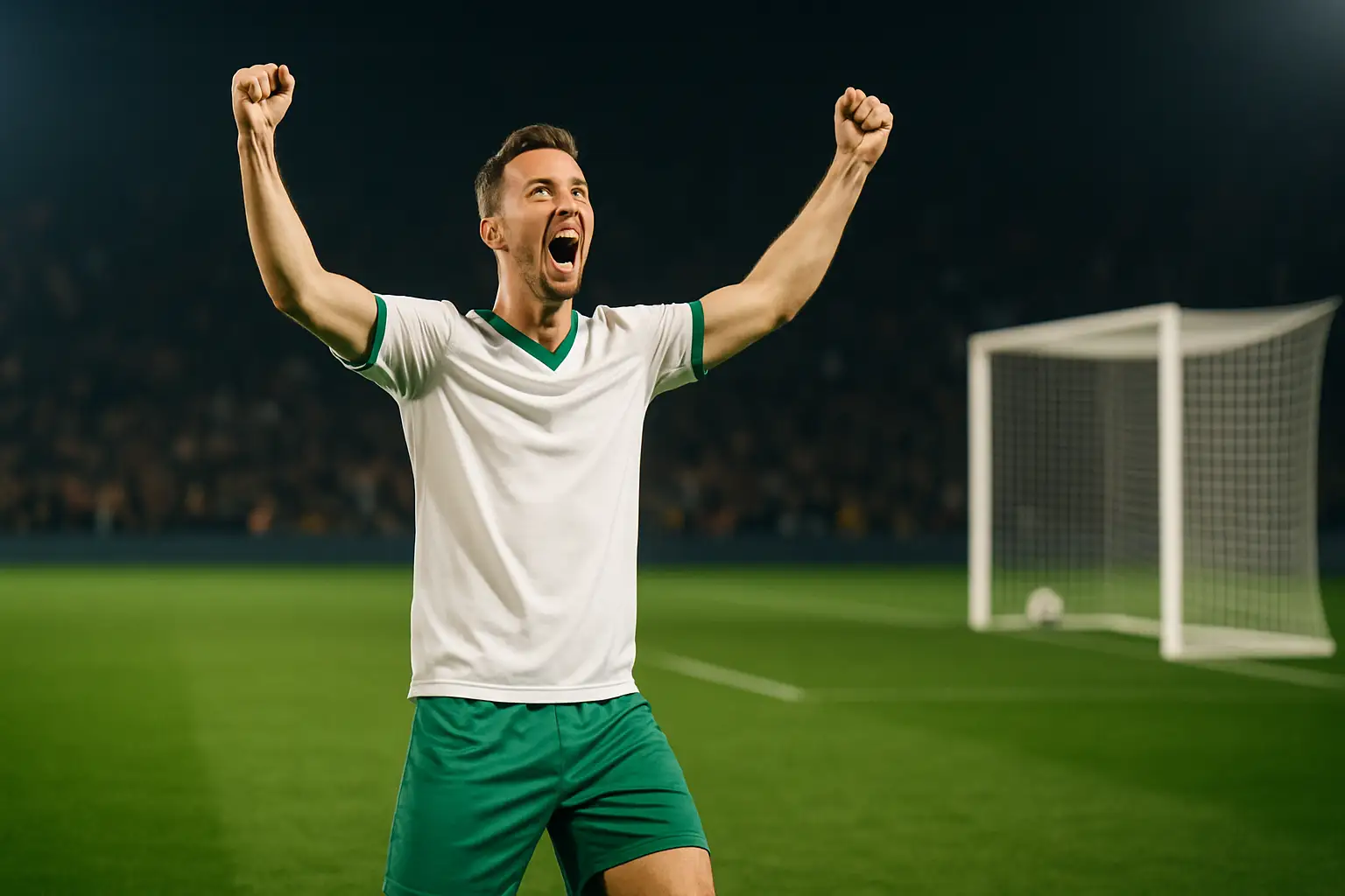A striker celebrating a hat trick goal on a floodlit football pitch