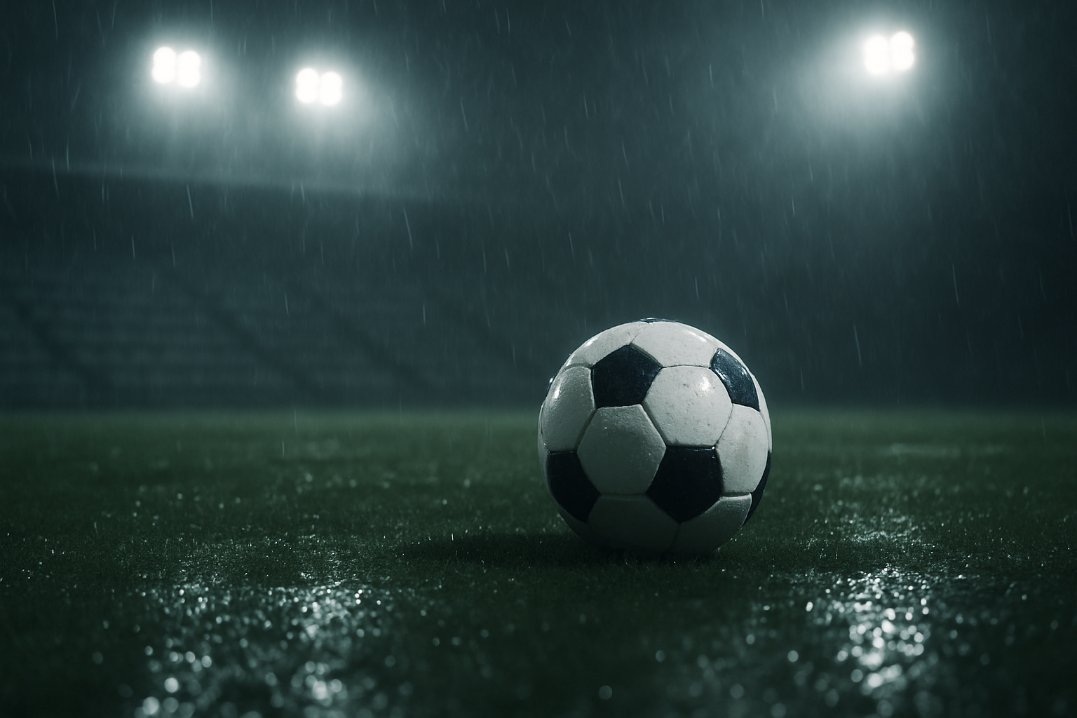 A football lying on a pitch under dramatic stadium lights, symbolizing match integrity concerns