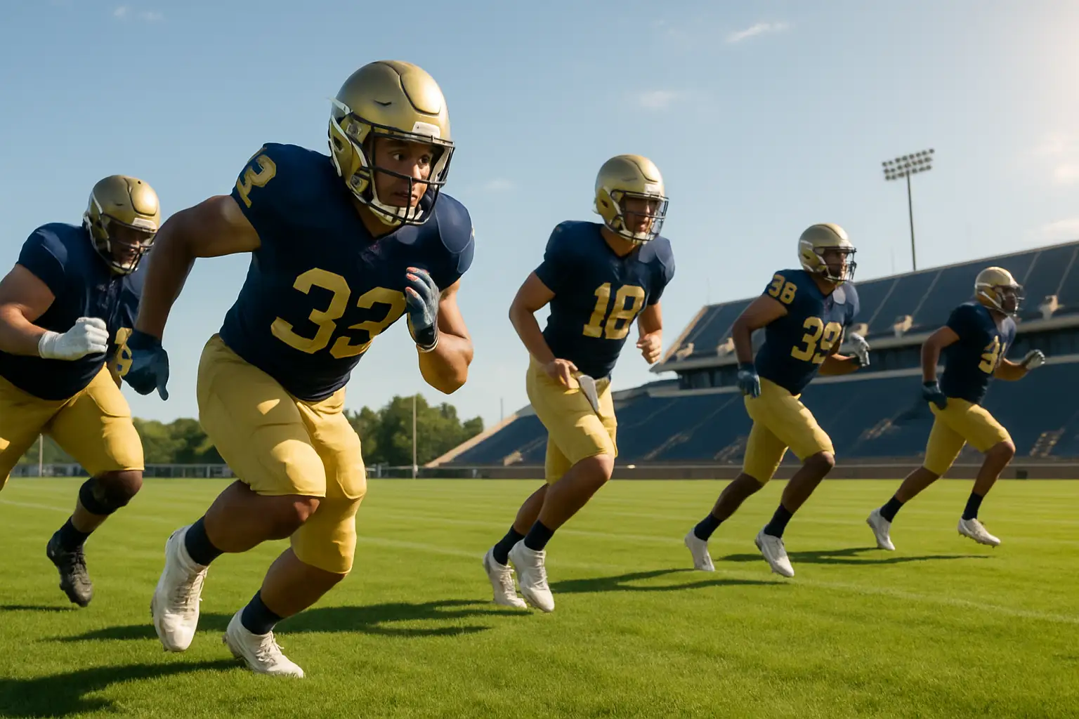 WVU football players running drills on a college practice field