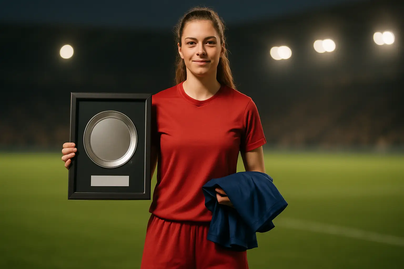 A female footballer holding a commemorative plaque and personalized shirt on a football pitch