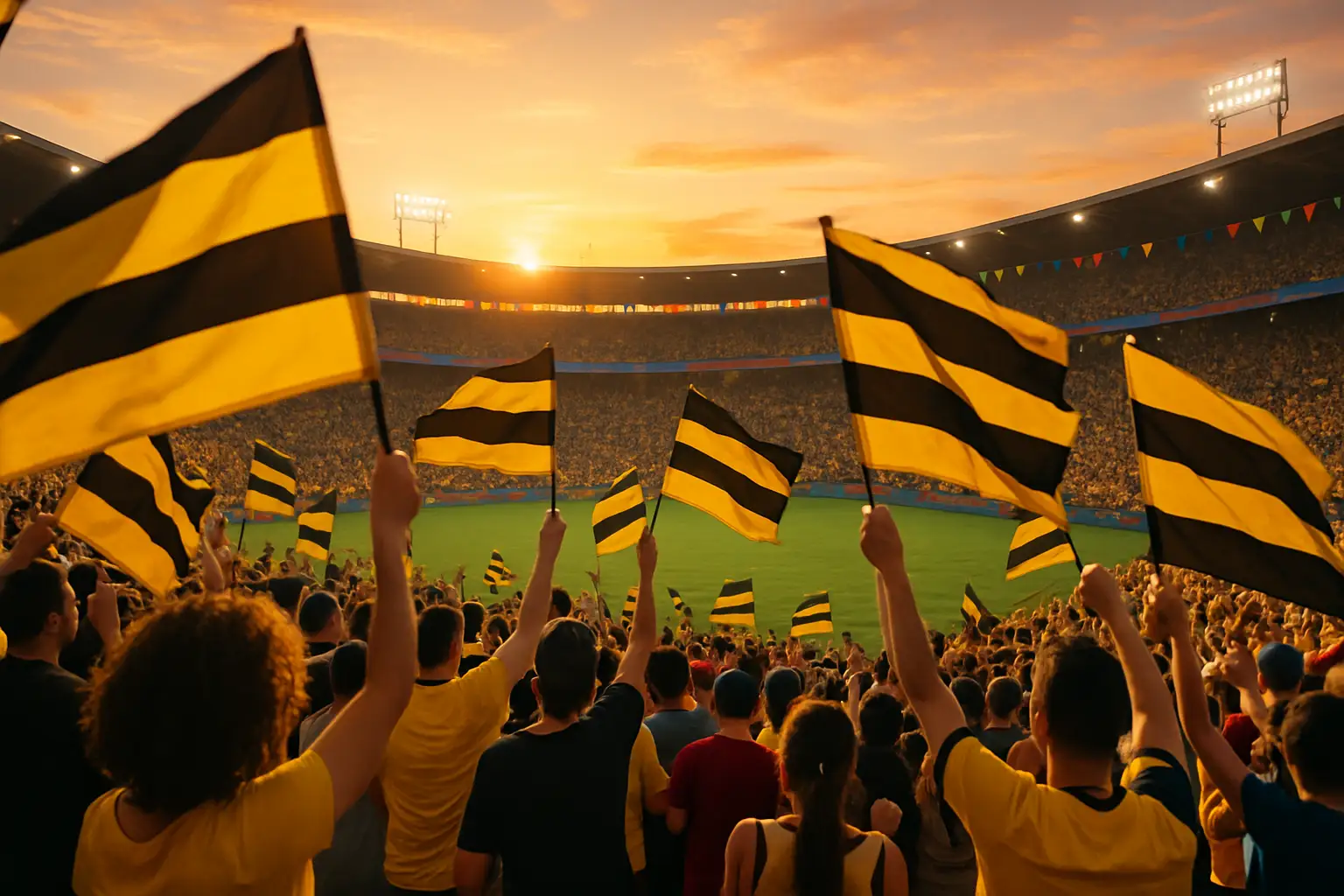 Jamaica football fans celebrating at a stadium with national flags