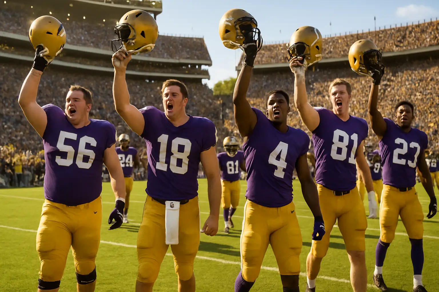 James Madison Dukes football players celebrating on the field after a big win