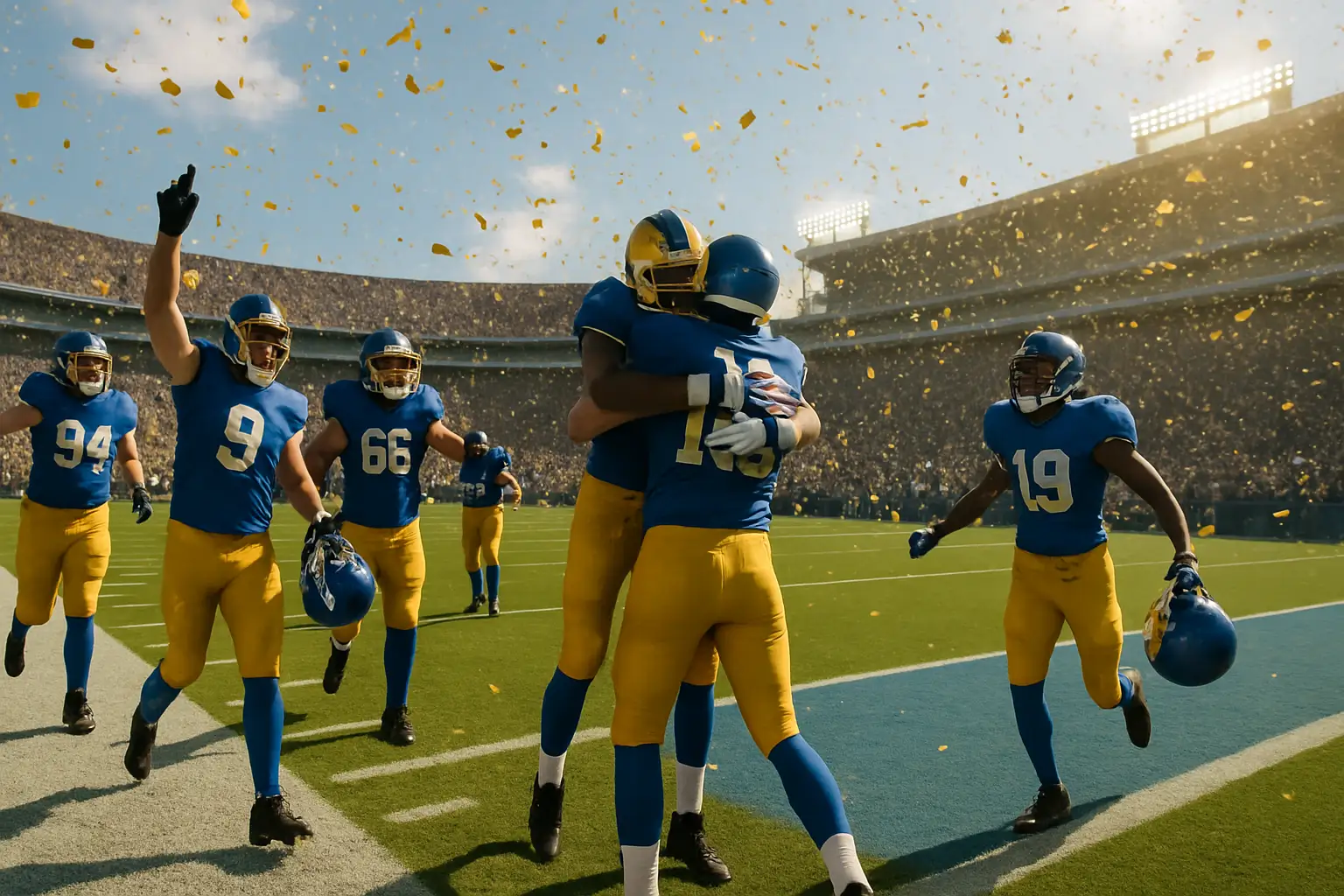 College football players in blue and gold uniforms celebrating on a field after a postseason win