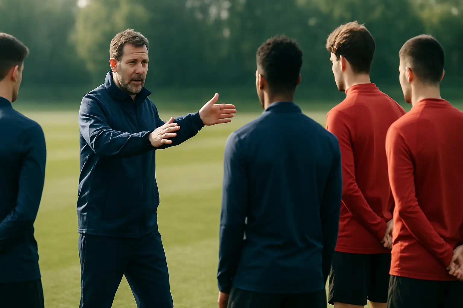 A football coach in a tracksuit giving instructions on a training pitch with players in the background
