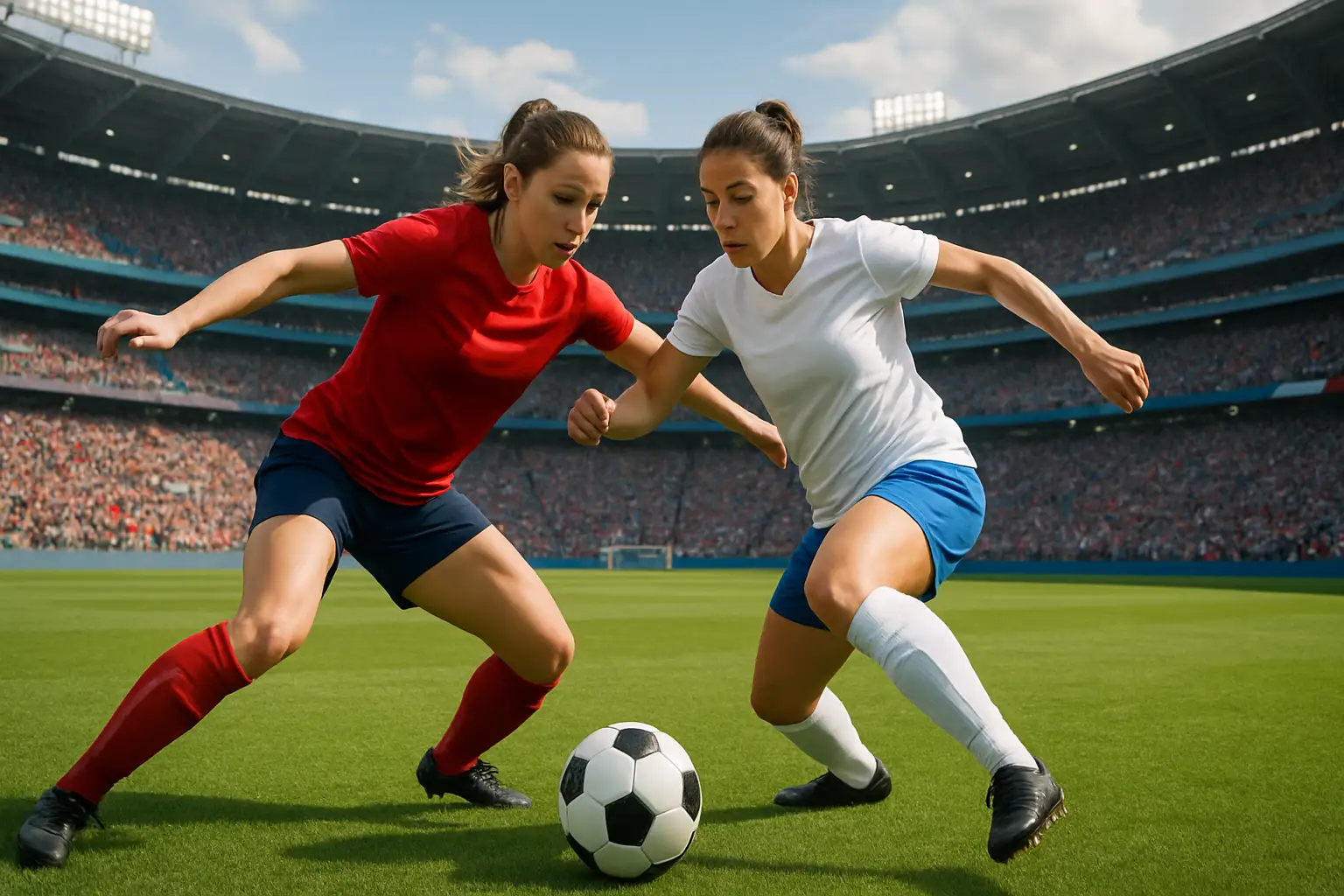 Japan and Sweden players competing for the ball during a Women's World Cup group stage match