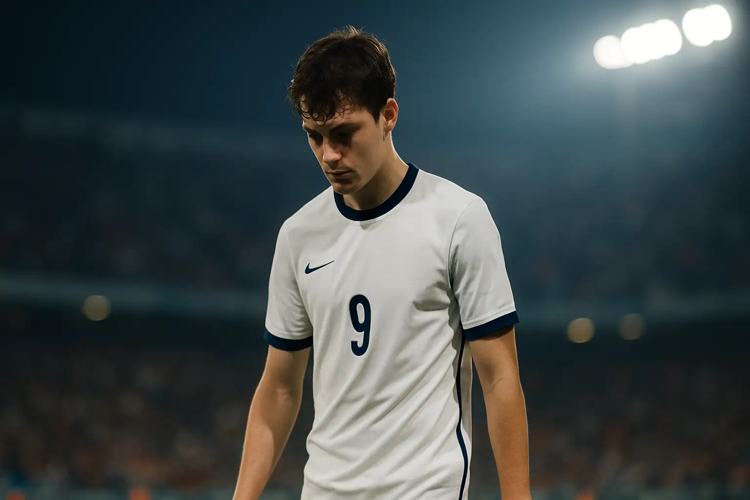 England defender in white kit walking off a football pitch after receiving a red card