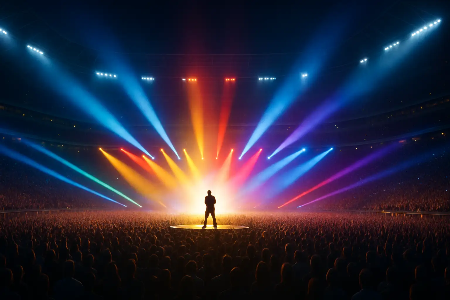 A stage lit up for a massive outdoor concert at a football stadium during a World Cup event