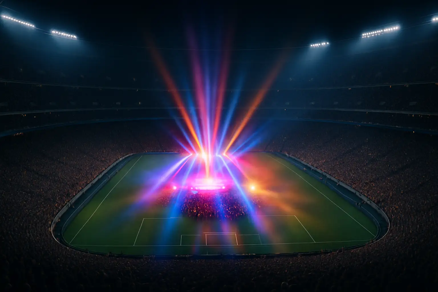A packed stadium lit up during a World Cup halftime show with stage lights and a large crowd