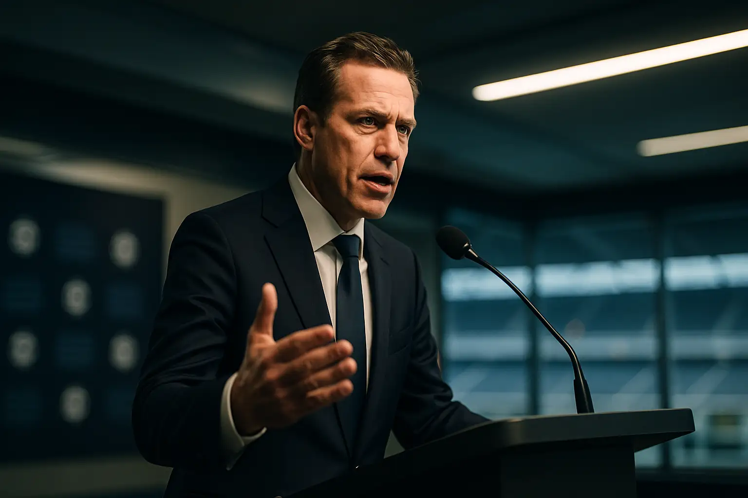Football executive speaking at a podium inside a modern stadium conference room