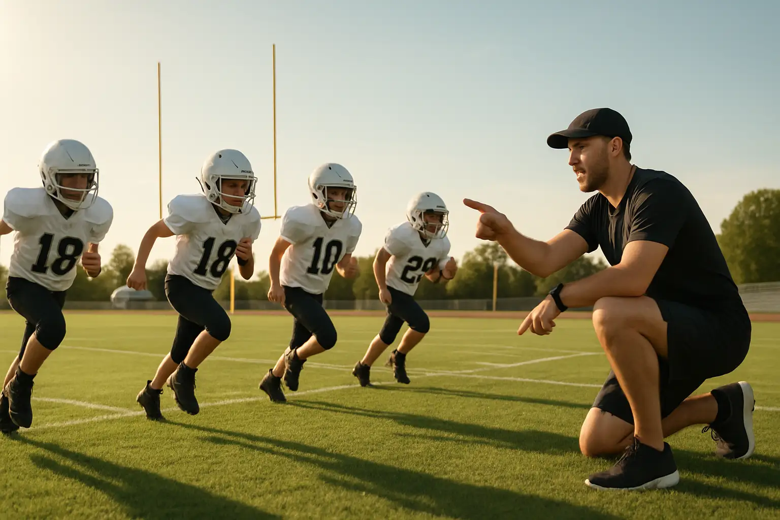 Young football players practicing drills on a high school field with a coach watching nearby