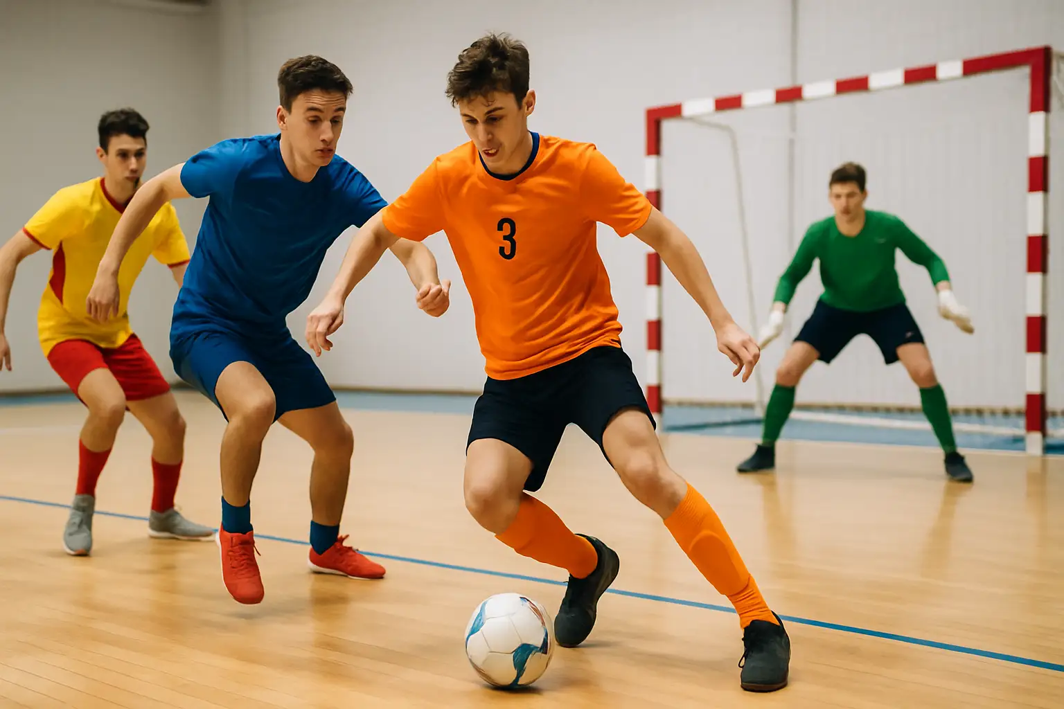 Young futsal players competing indoors on a hard court during a youth tournament