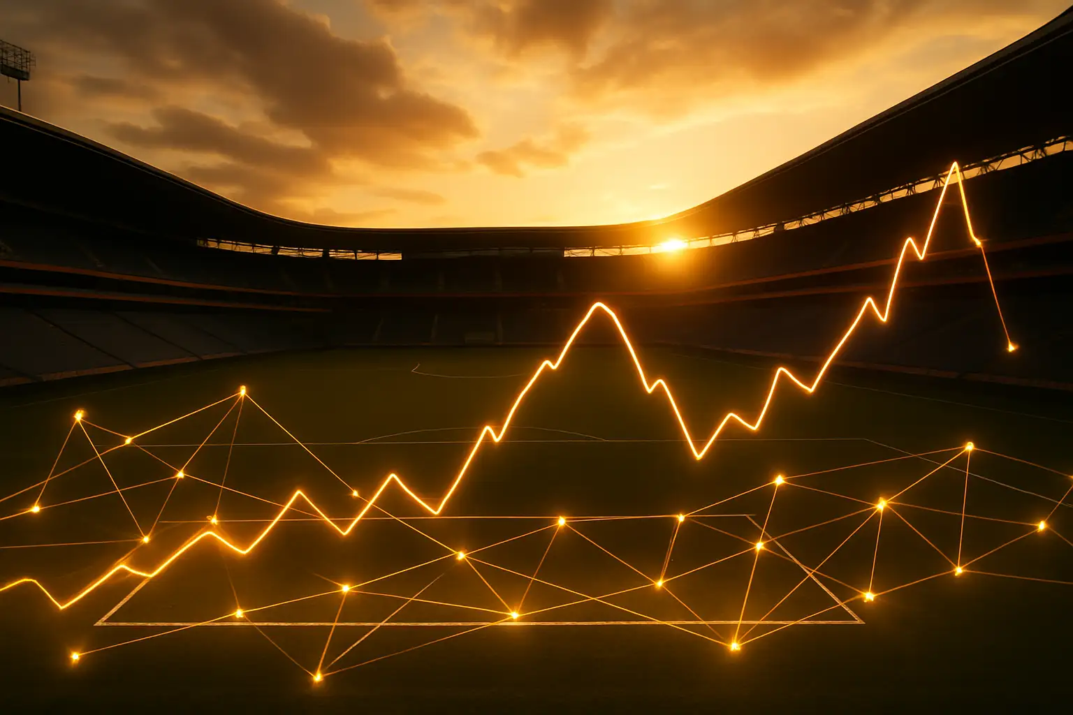 A football stadium at dusk with investment and finance imagery overlaid in the background