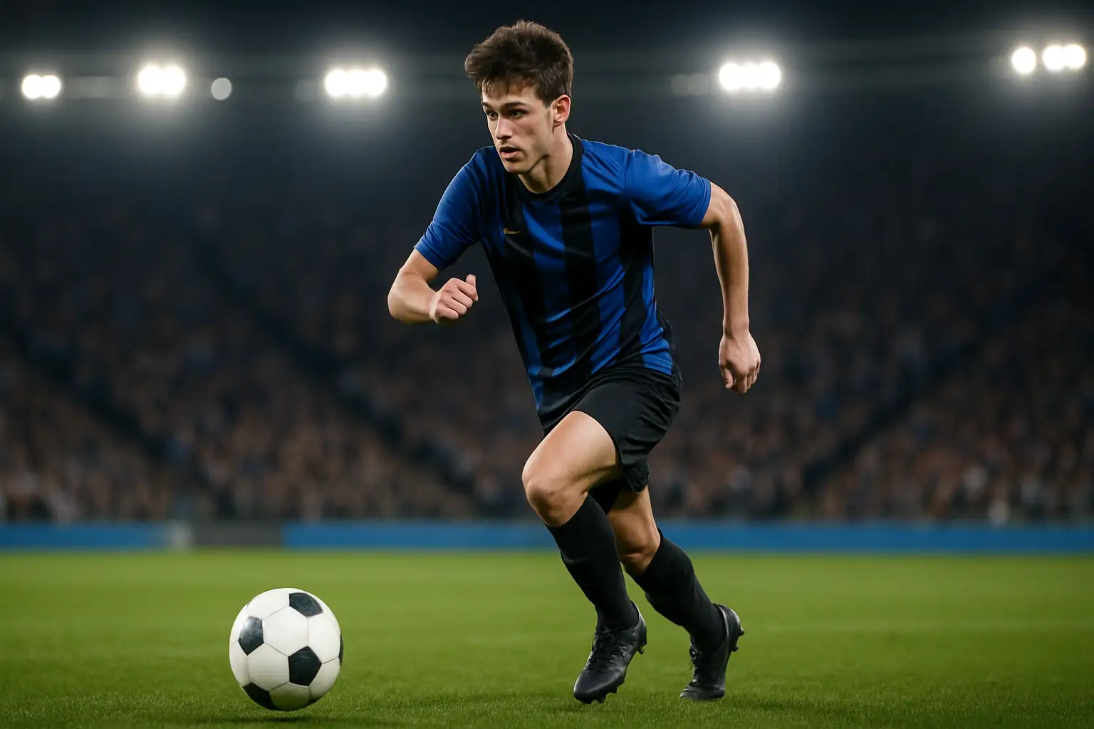 Belgium winger in action during an international football match under floodlights