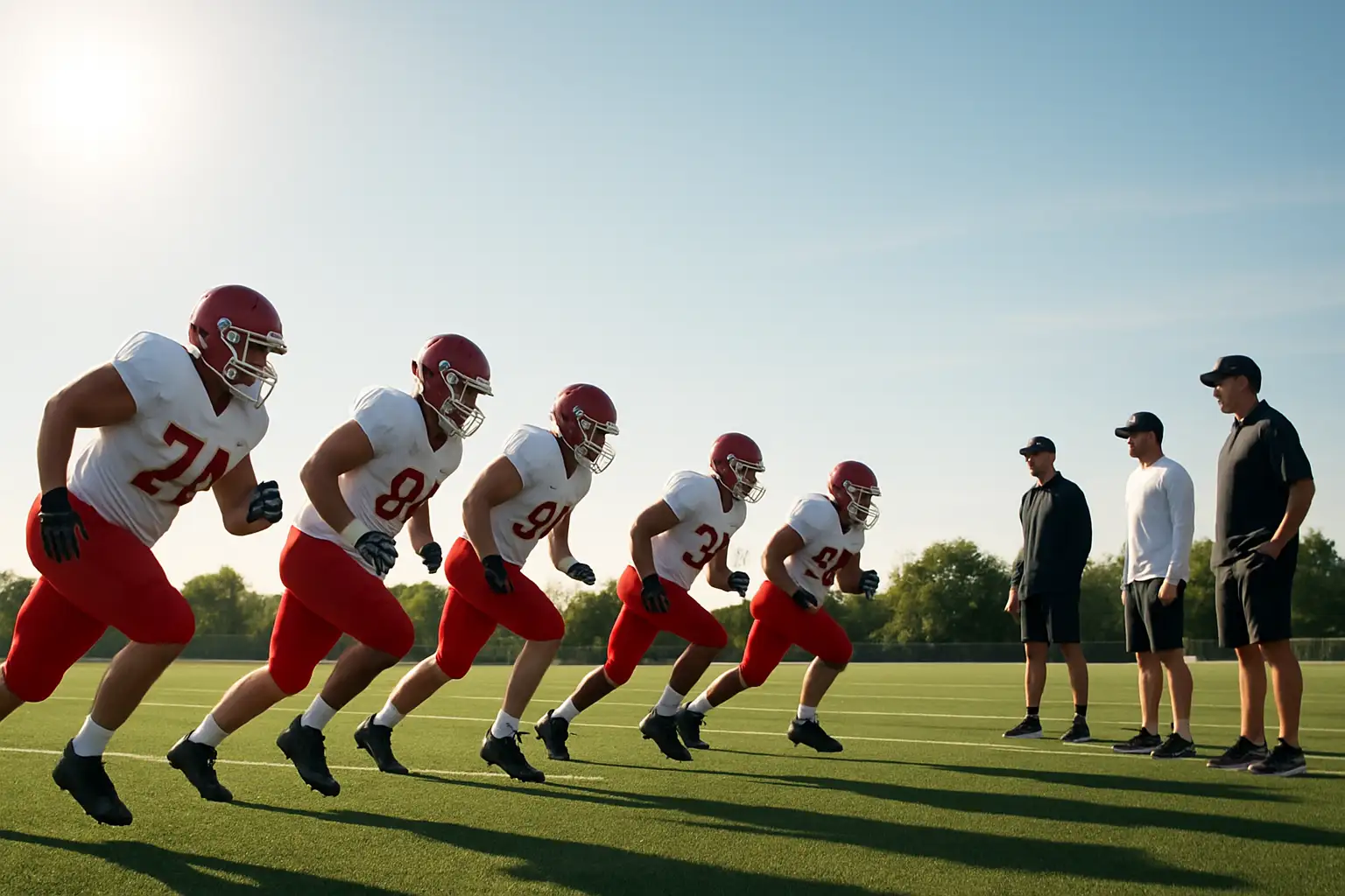 Kansas football players practicing during fall camp on a sunny field