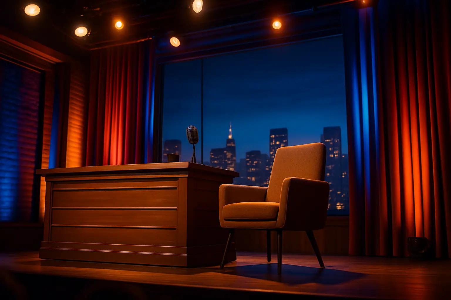 A late-night television studio set with a brightly lit stage and empty guest chair