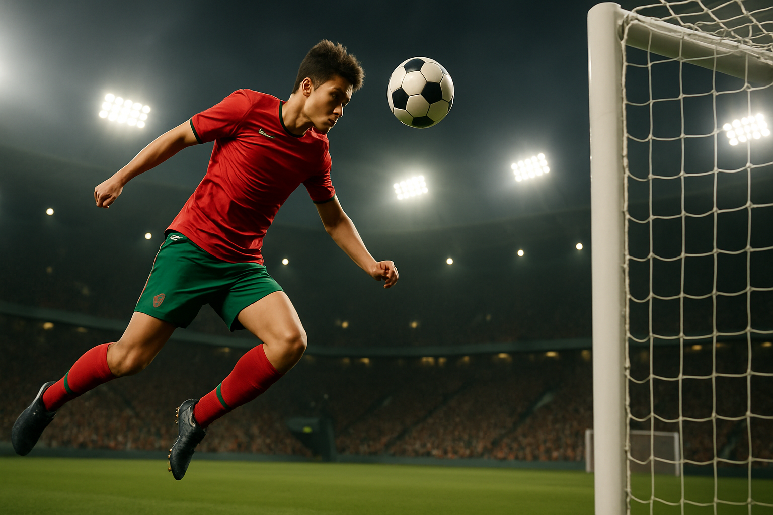 A midfielder leaping to score a header during an international football match